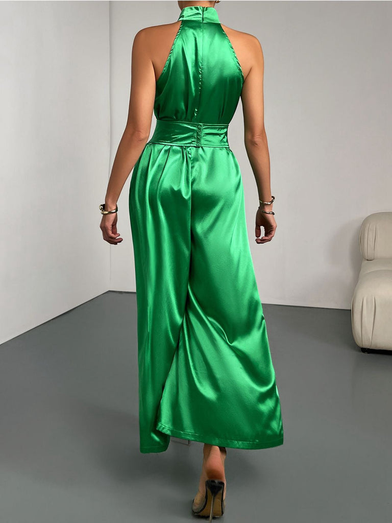 Grün 1930er Satin Stehkragen Weites Bein Jumpsuit