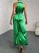 Grün 1930er Satin Stehkragen Weites Bein Jumpsuit