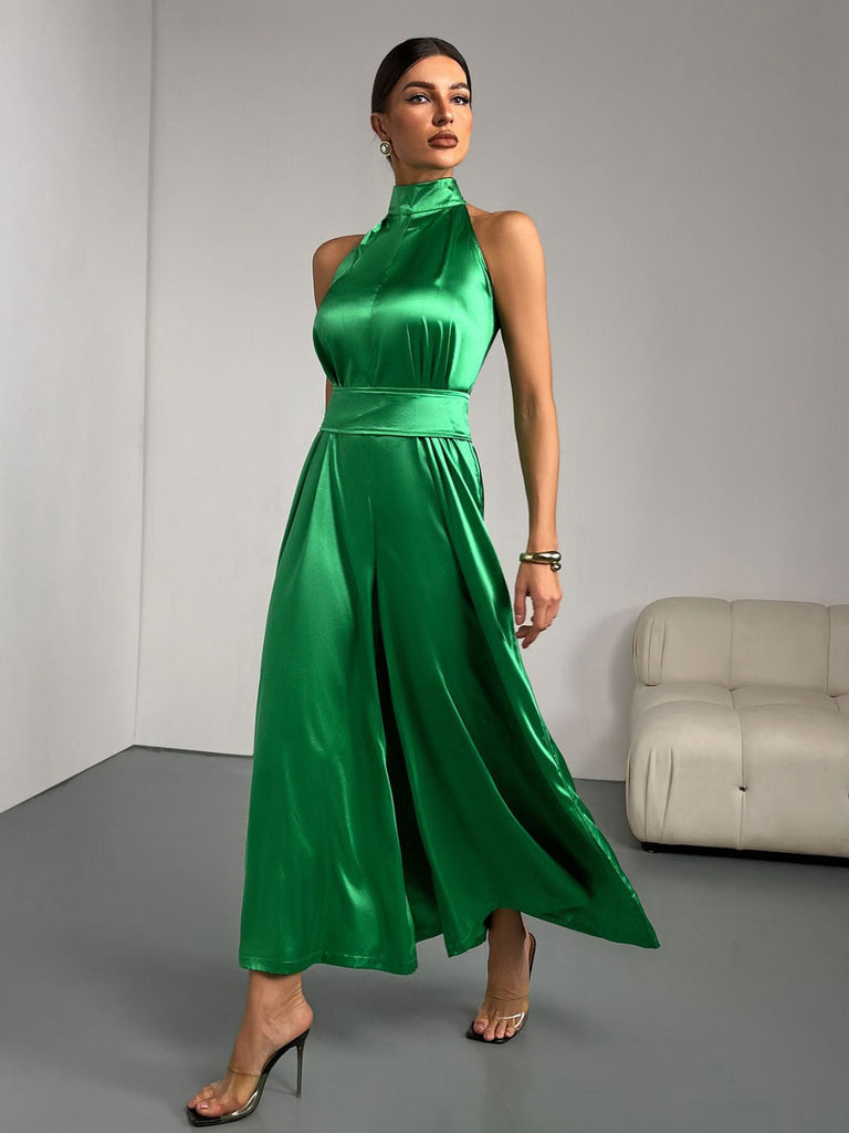 Grün 1930er Satin Stehkragen Weites Bein Jumpsuit