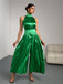 Grün 1930er Satin Stehkragen Weites Bein Jumpsuit