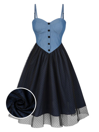 Blau 1950er Denim Polka Dots Netz Patchwork Kleid
