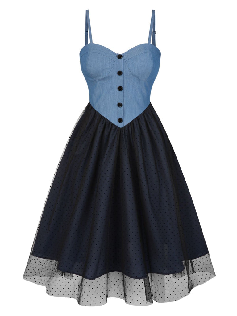 Blau 1950er Denim Polka Dots Netz Patchwork Kleid