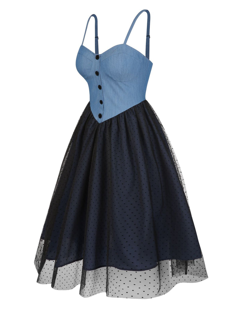 Blau 1950er Denim Polka Dots Netz Patchwork Kleid