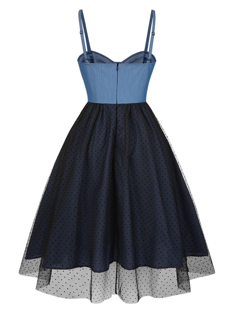 Blau 1950er Denim Polka Dots Netz Patchwork Kleid