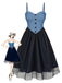 Blau 1950er Denim Polka Dots Netz Patchwork Kleid