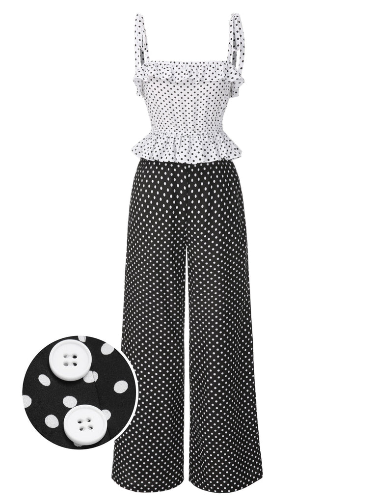 [Vorverkauf] 1960er Träger Kontrast Polka Dots Rüschen Jumpsuit