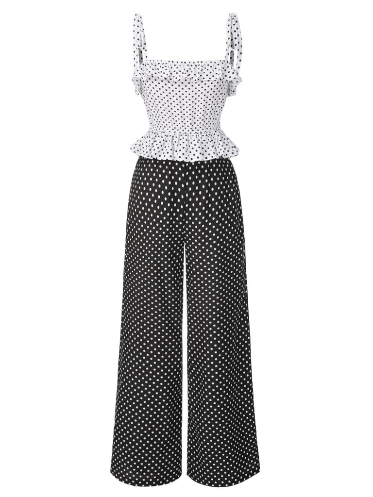 [Vorverkauf] 1960er Träger Kontrast Polka Dots Rüschen Jumpsuit