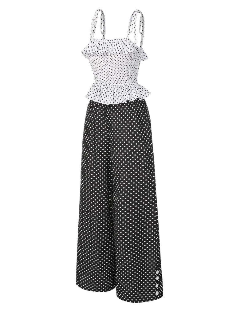 [Vorverkauf] 1960er Träger Kontrast Polka Dots Rüschen Jumpsuit
