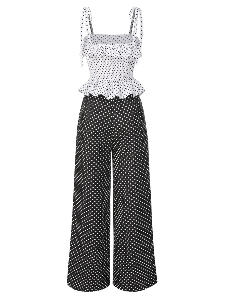 [Vorverkauf] 1960er Träger Kontrast Polka Dots Rüschen Jumpsuit