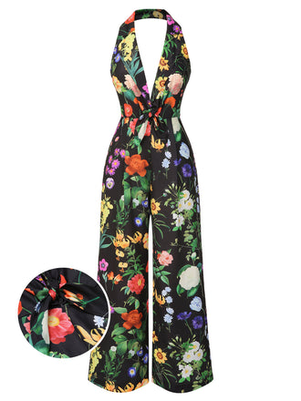 Schwarz 1930er Blumen V-Ausschnitt Halter Jumpsuit
