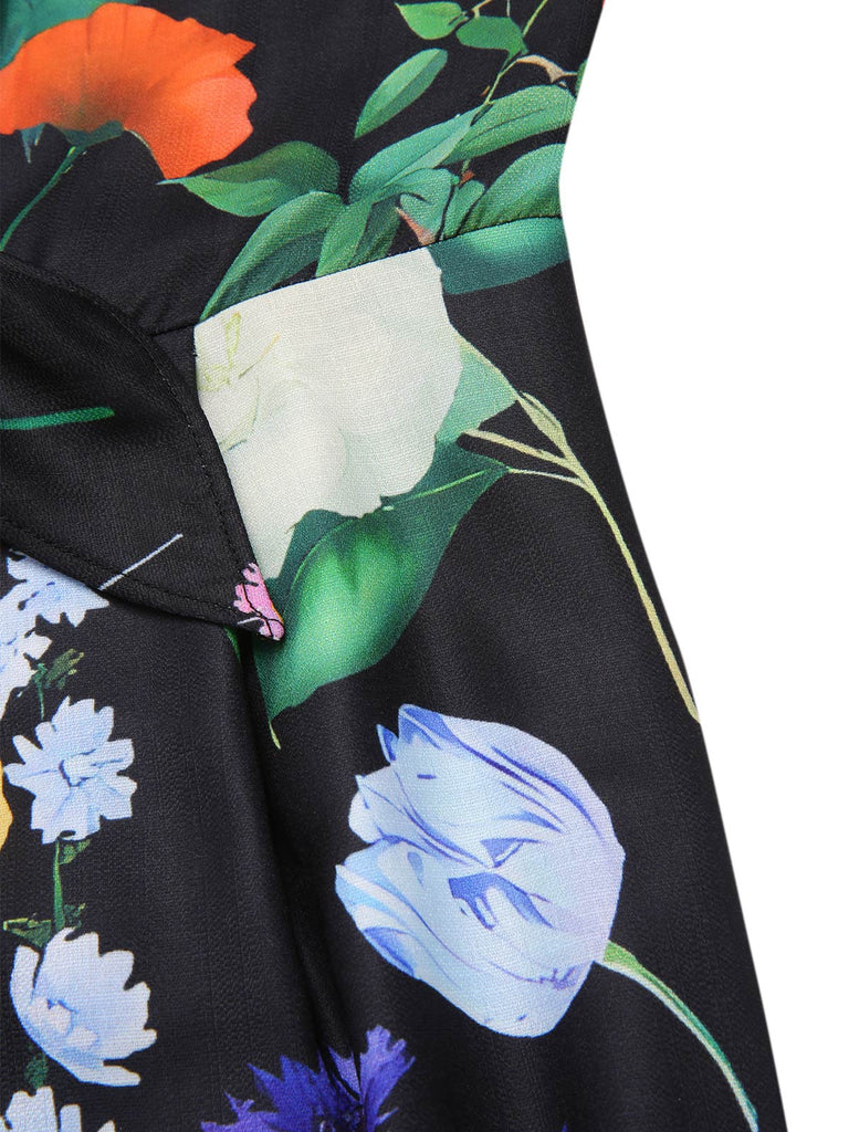 Schwarz 1930er Blumen V-Ausschnitt Halter Jumpsuit
