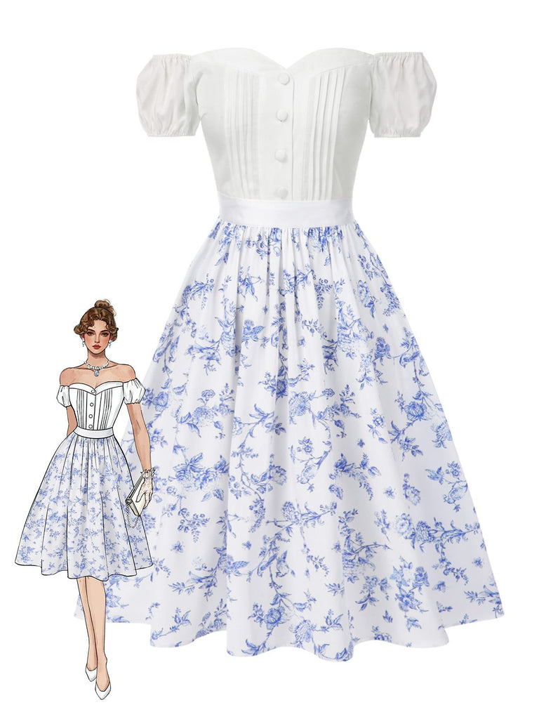 2PCS Weiß 1950er Schulterfrei Puff Top & Blumen Rock