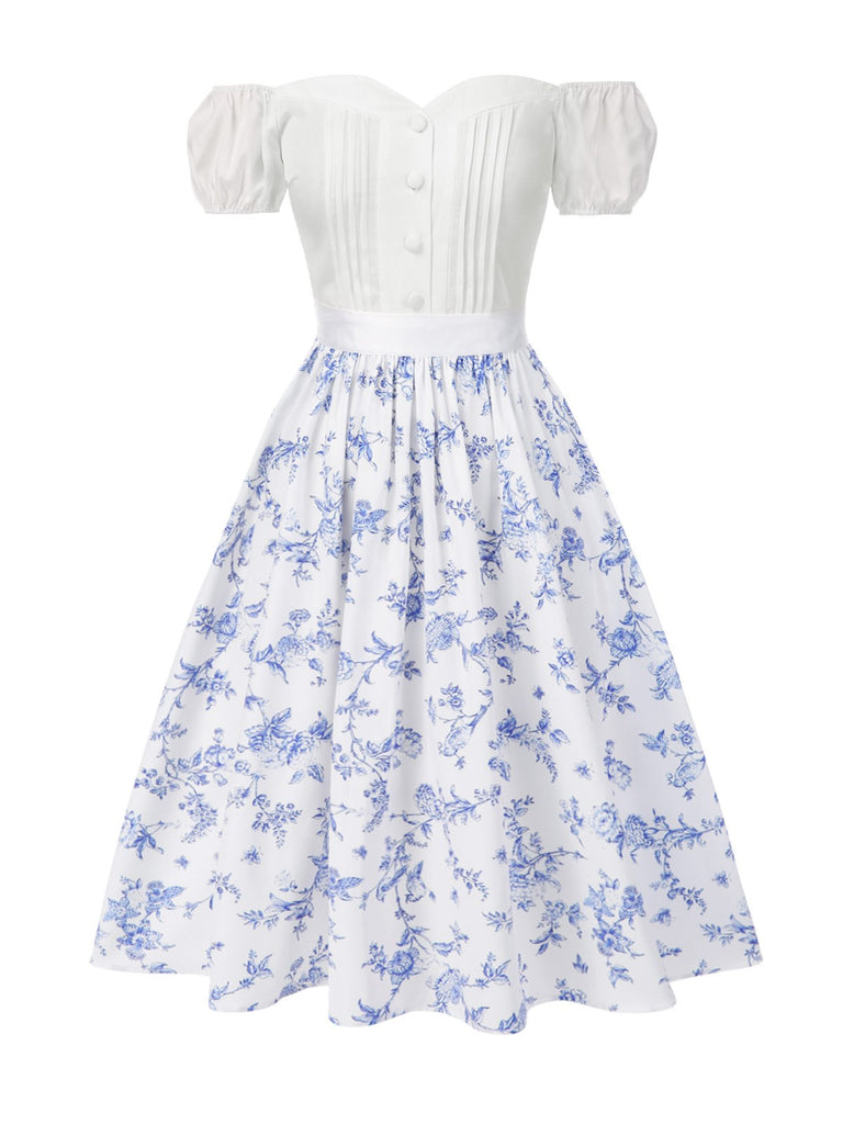 2PCS Weiß 1950er Schulterfrei Puff Top & Blumen Rock