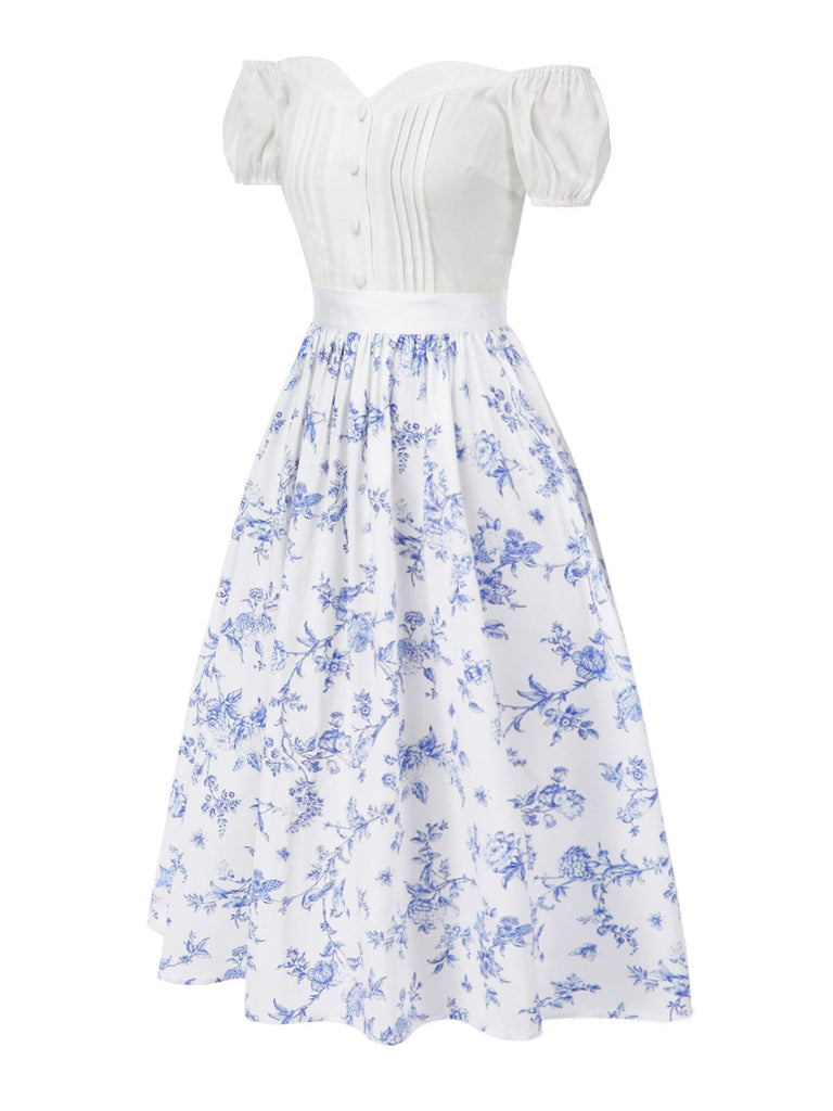 2PCS Weiß 1950er Schulterfrei Puff Top & Blumen Rock