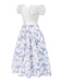 2PCS Weiß 1950er Schulterfrei Puff Top & Blumen Rock