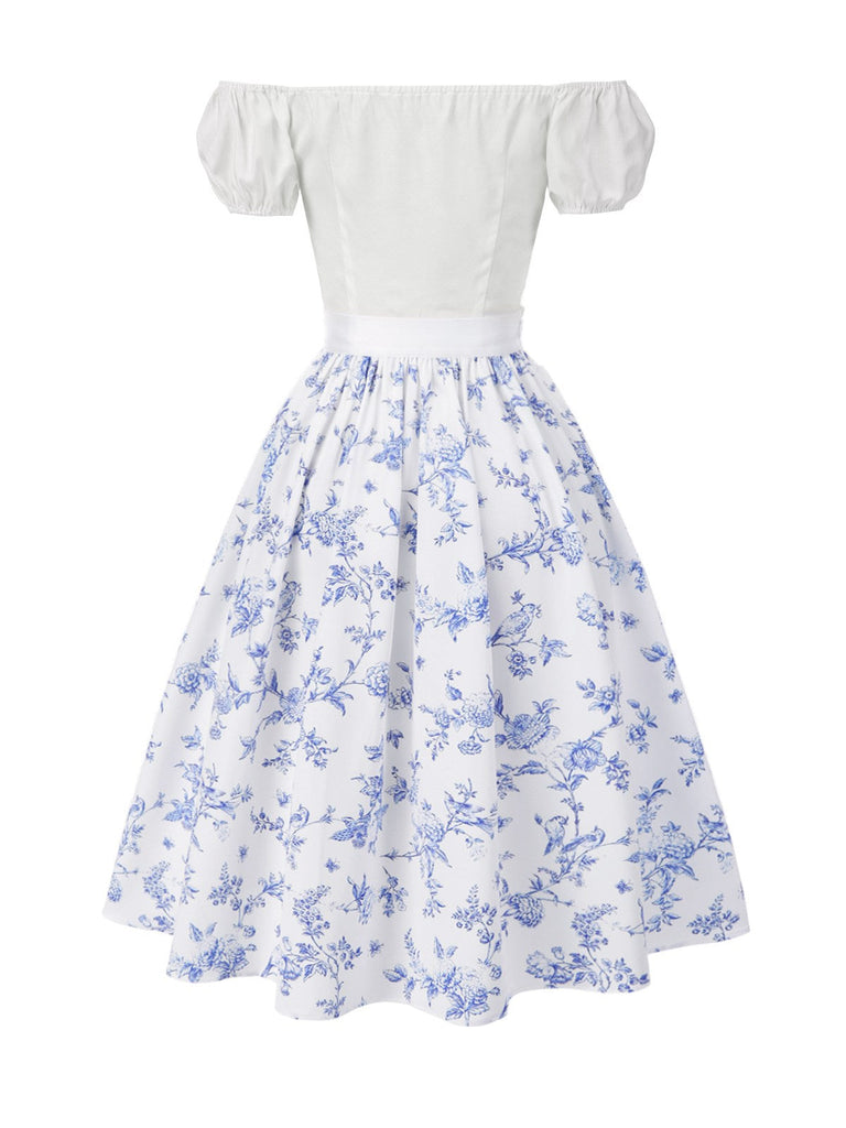2PCS Weiß 1950er Schulterfrei Puff Top & Blumen Rock