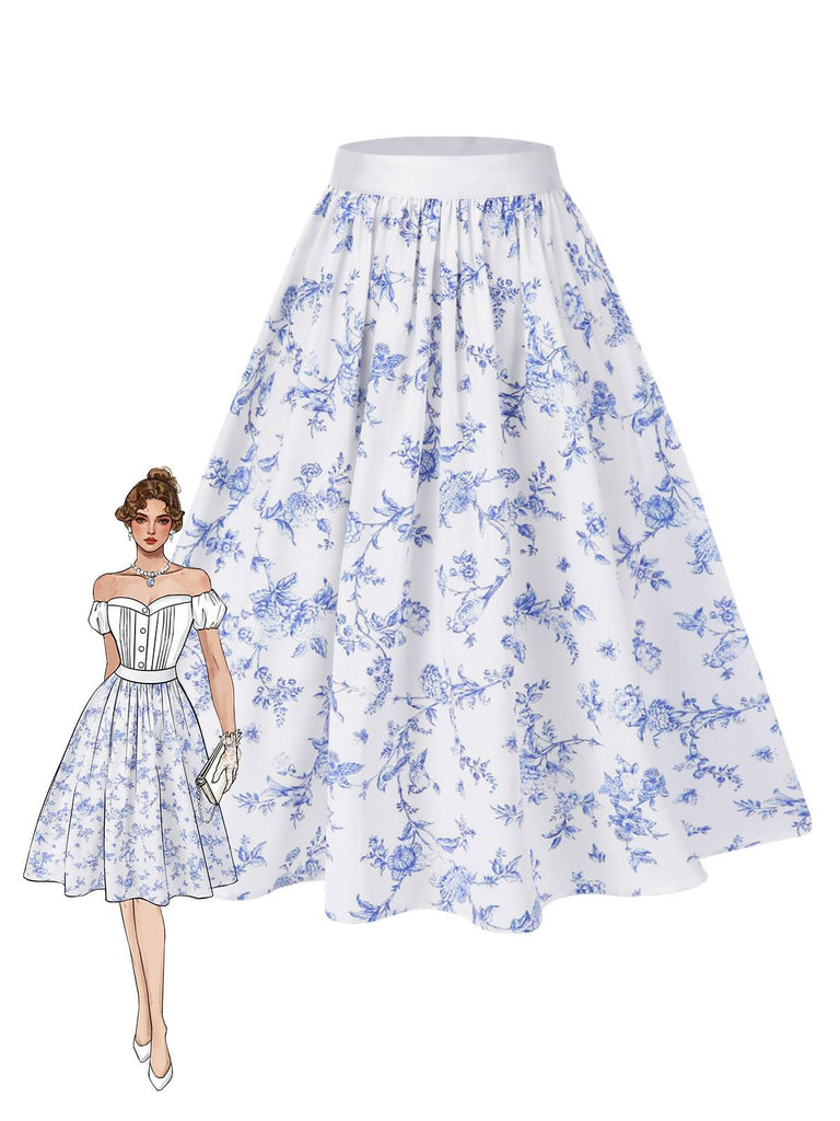 Blau & Weiß 1950er Porzellan Blumen Rock