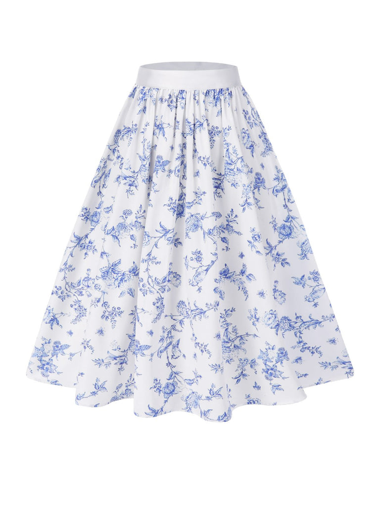 2PCS Weiß 1950er Schulterfrei Puff Top & Blumen Rock