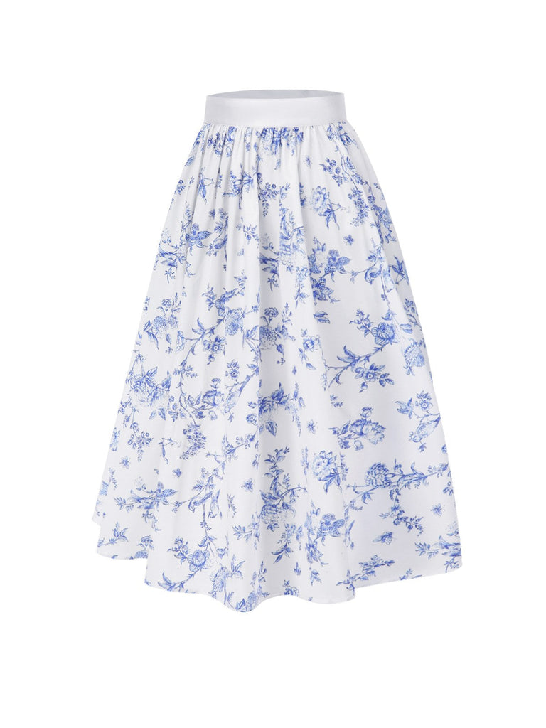 2PCS Weiß 1950er Schulterfrei Puff Top & Blumen Rock