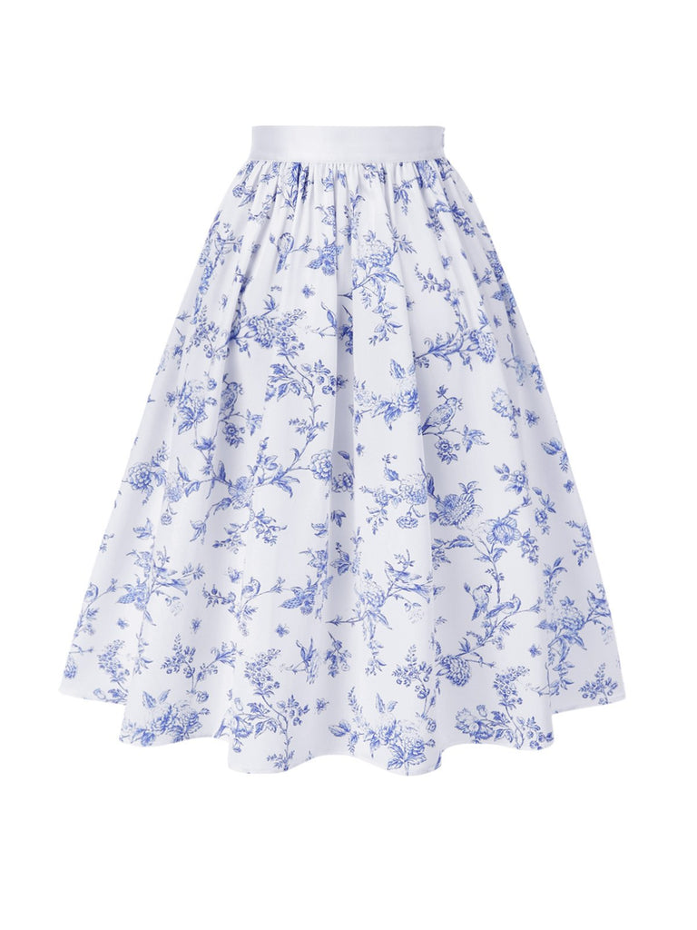 2PCS Weiß 1950er Schulterfrei Puff Top & Blumen Rock