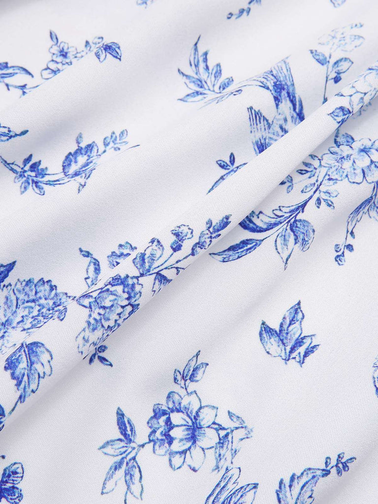 2PCS Weiß 1950er Schulterfrei Puff Top & Blumen Rock