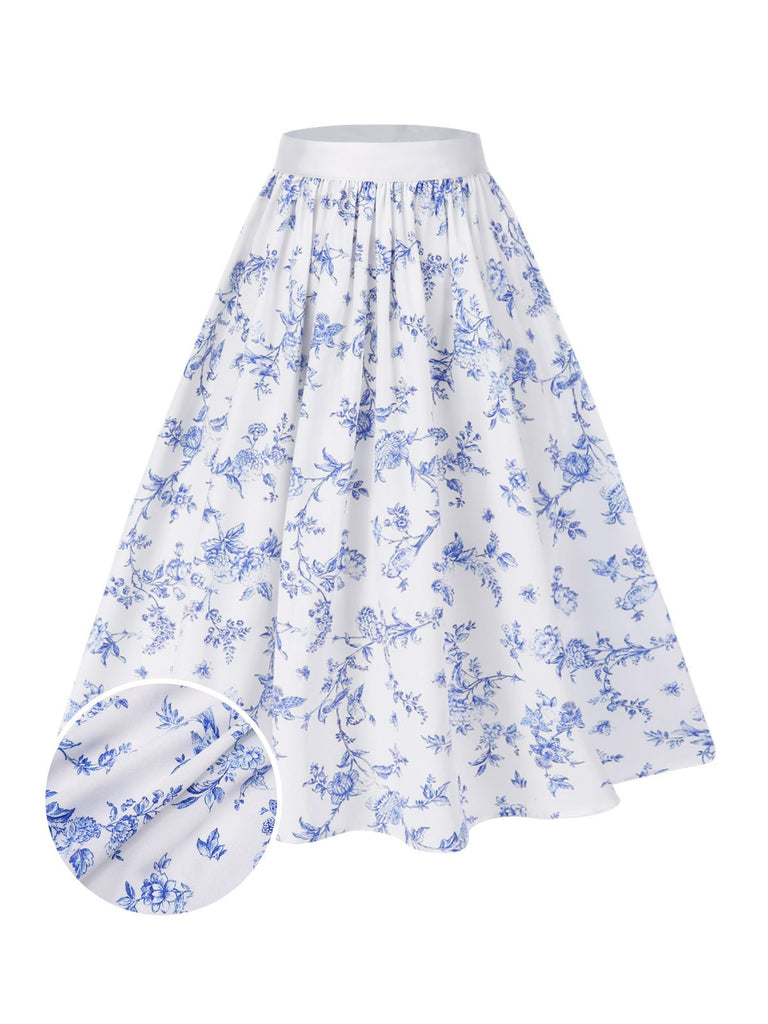 Blau & Weiß 1950er Porzellan Blumen Rock
