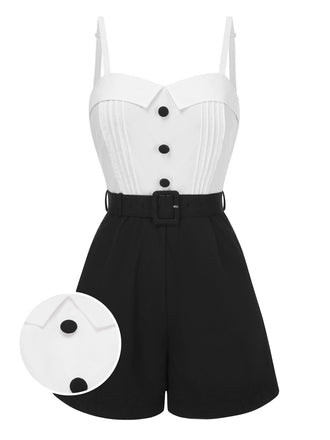 Weiß & Schwarz 1950er Baumwolle Spaghetti Träger Romper