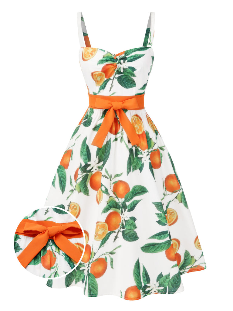 Orange 1950er Bogen-Taille Träger Kleid