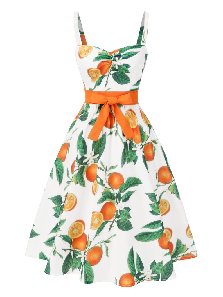 Orange 1950er Bogen-Taille Träger Kleid