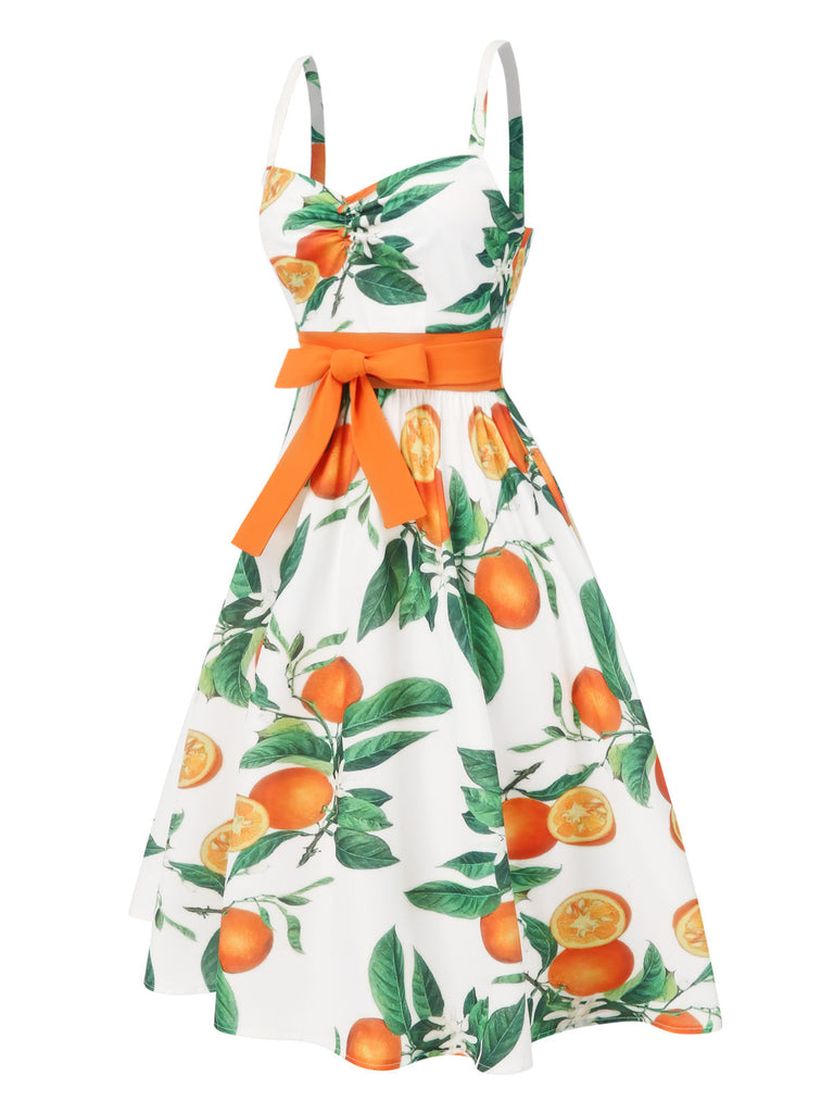 Orange 1950er Bogen-Taille Träger Kleid