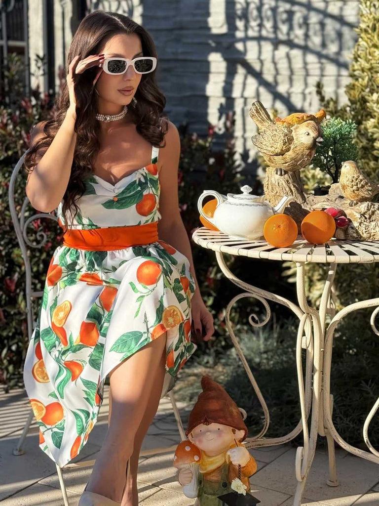 Orange 1950er Bogen-Taille Träger Kleid