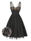 Schwarz 1950er Spitze Blumen Netz Swing Kleid