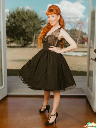 Schwarz 1950er Spitze Blumen Netz Swing Kleid