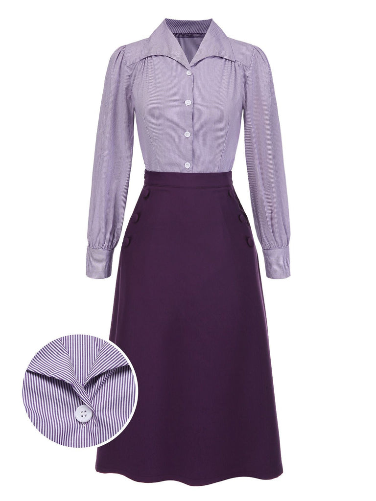[Vorverkauf] 2PCS Lavendel 1940er Revers Streifen Bluse & Solide Rock