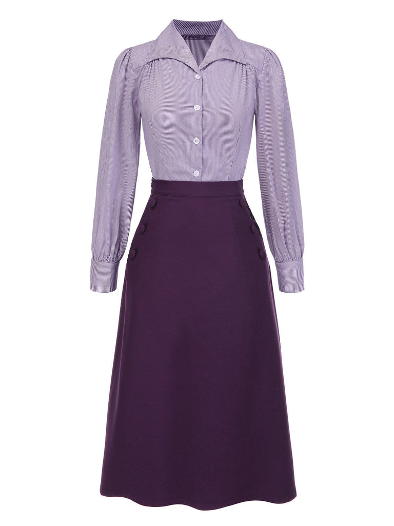 [Vorverkauf] 2PCS Lavendel 1940er Revers Streifen Bluse & Solide Rock