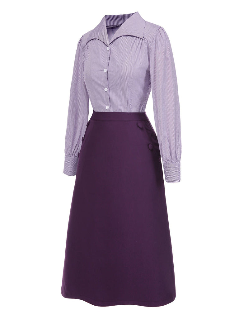 [Vorverkauf] 2PCS Lavendel 1940er Revers Streifen Bluse & Solide Rock