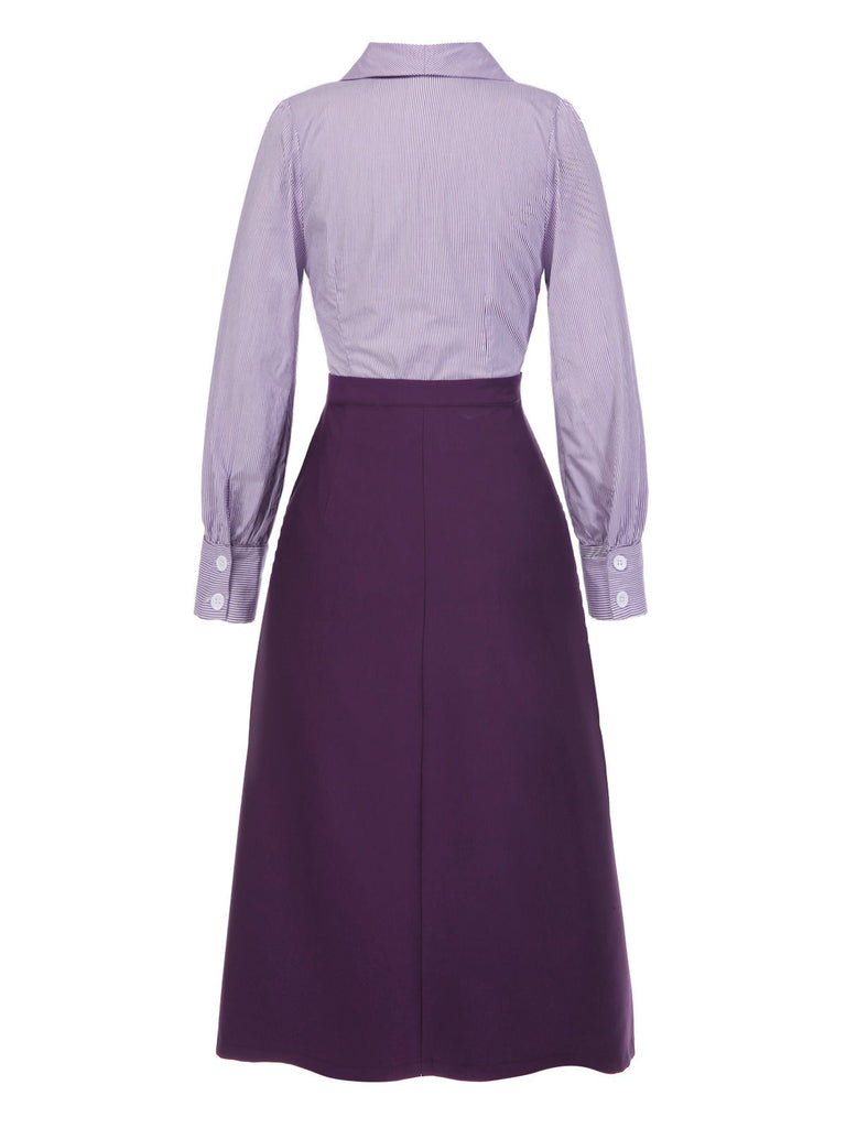 [Vorverkauf] 2PCS Lavendel 1940er Revers Streifen Bluse & Solide Rock
