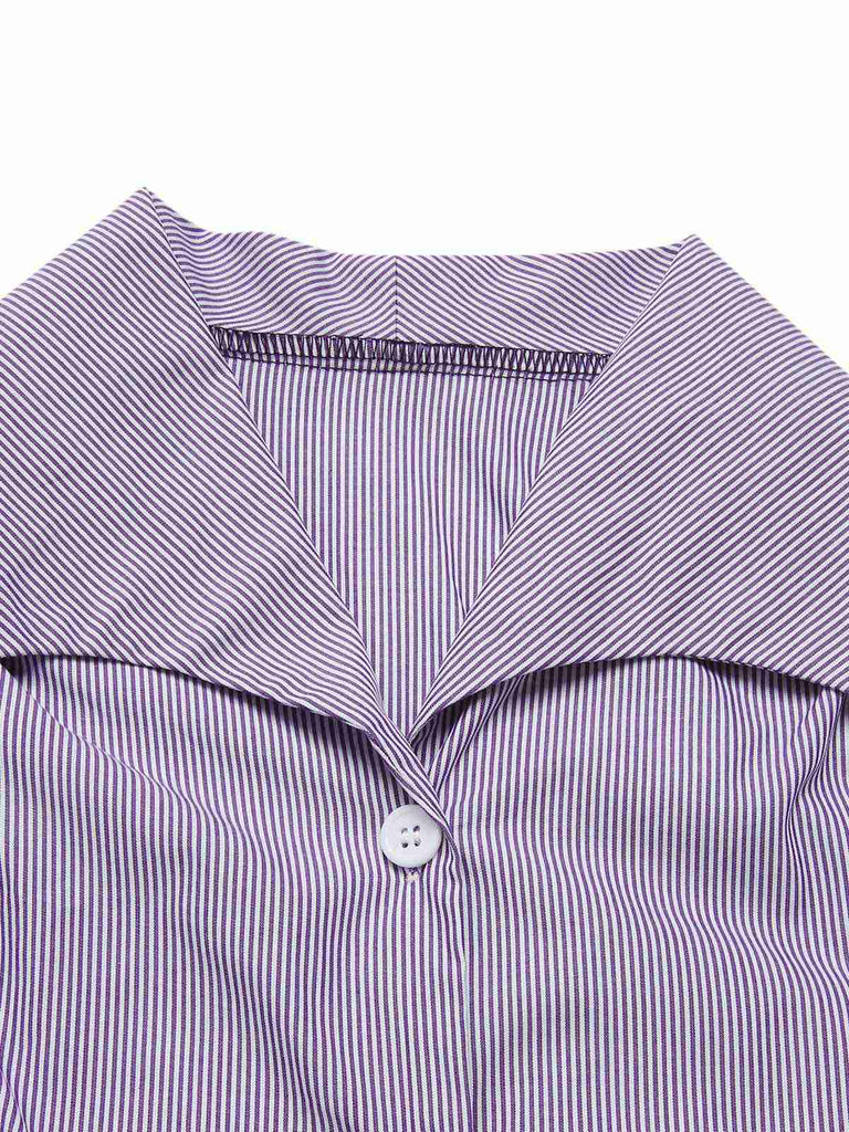 [Vorverkauf] 2PCS Lavendel 1940er Revers Streifen Bluse & Solide Rock