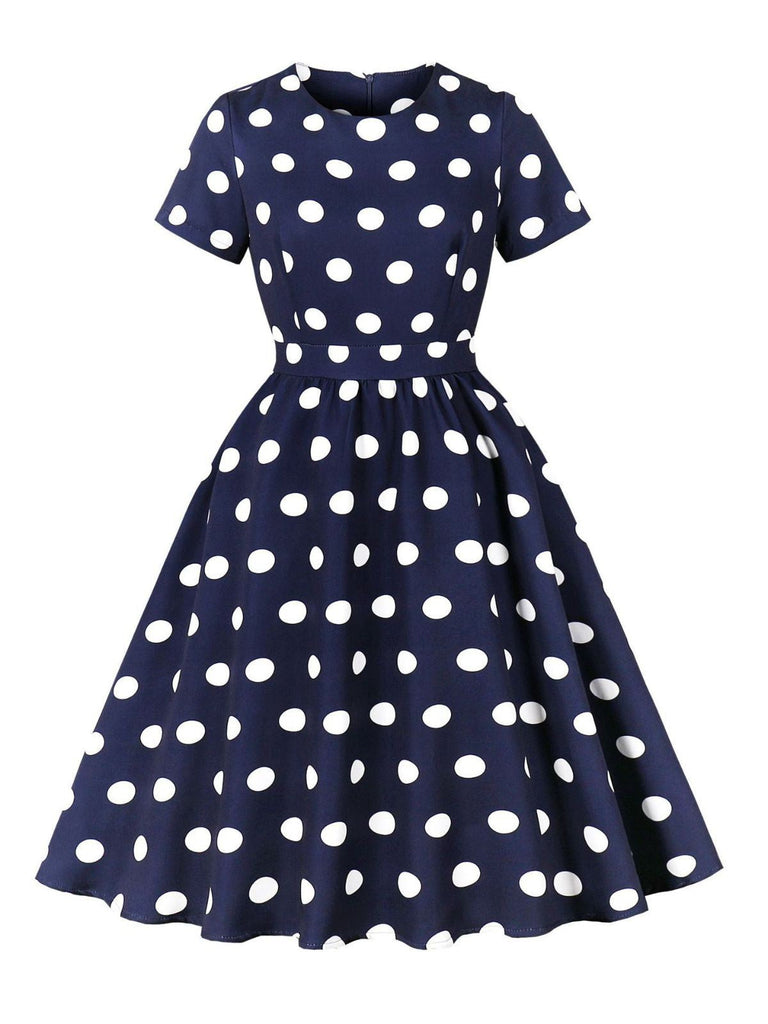 Dunkelblau 1950er Tupfen Swing Kleid