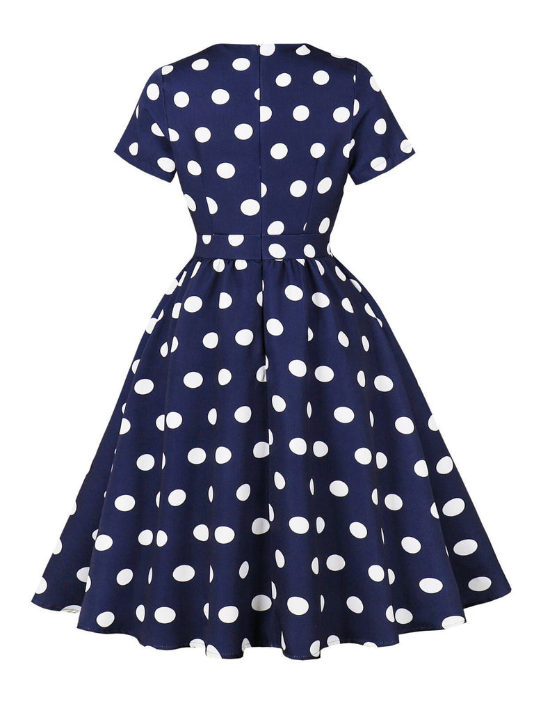 Dunkelblau 1950er Tupfen Swing Kleid