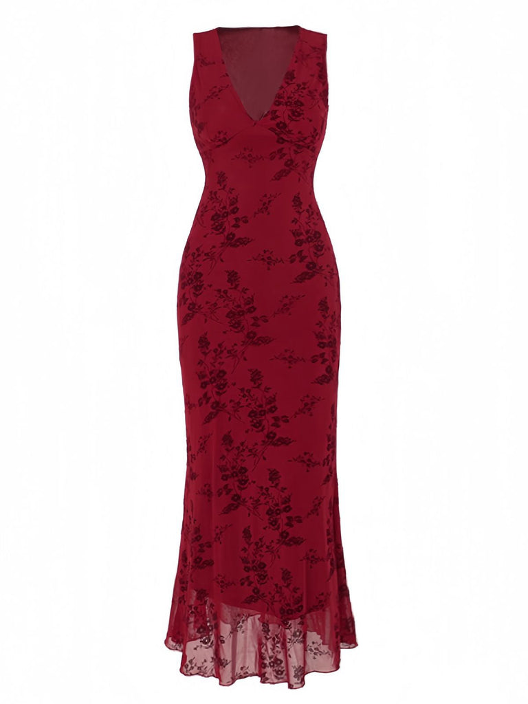 Weinrot 1930er V-Ausschnitt Blumen Netz Kleid