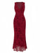 Weinrot 1930er V-Ausschnitt Blumen Netz Kleid