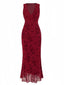 Weinrot 1930er V-Ausschnitt Blumen Netz Kleid