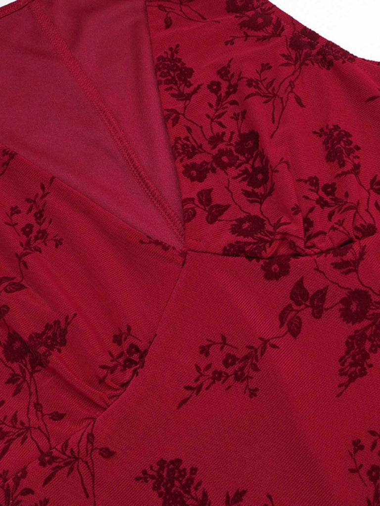 Weinrot 1930er V-Ausschnitt Blumen Netz Kleid