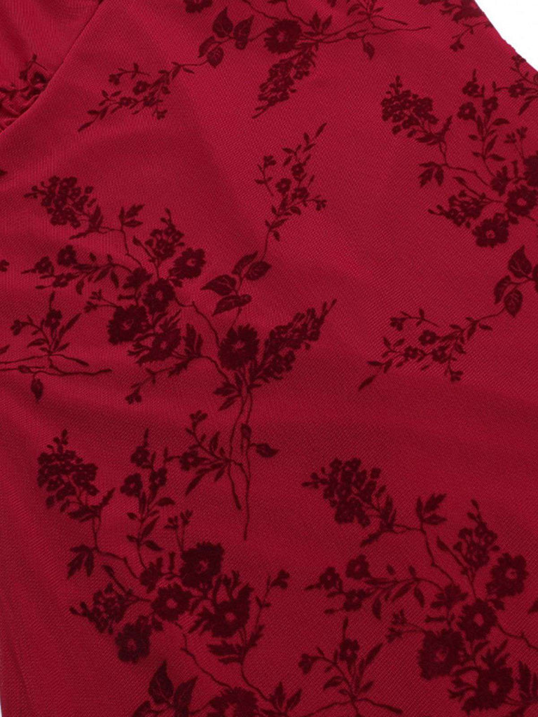 Weinrot 1930er V-Ausschnitt Blumen Netz Kleid