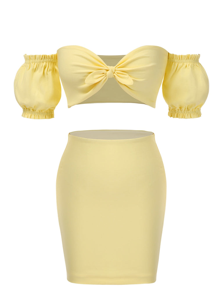 2PCS Gelb 1960er Solide Rohr Top & Bodycon Rock