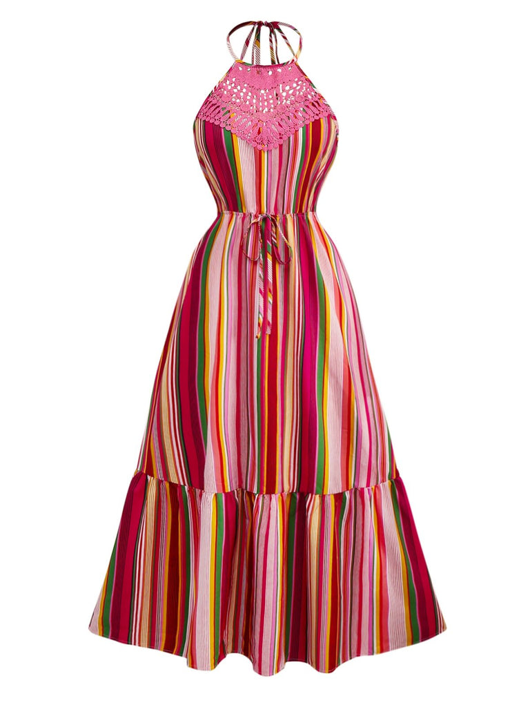 Mehrfarbig 1970er Halfter Regenbogen Streifen Patchwork Kleid