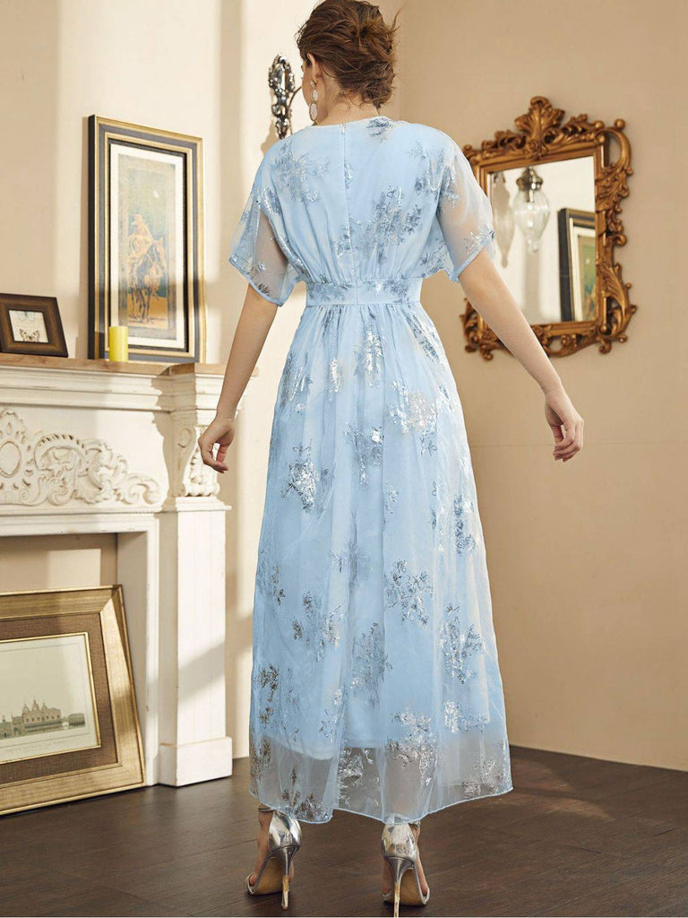 Hellblau 1940er Folienprägung Netz Patchwork Kleid