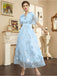 Hellblau 1940er Folienprägung Netz Patchwork Kleid