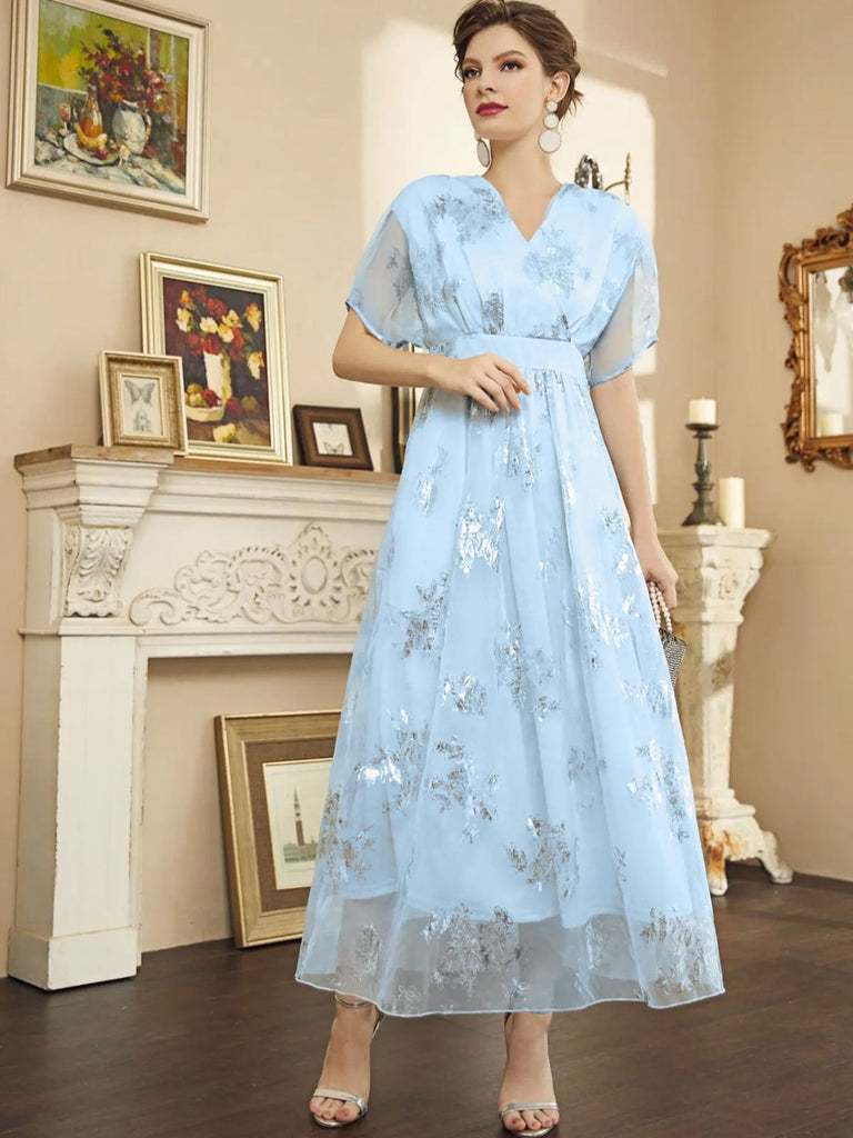 Hellblau 1940er Folienprägung Netz Patchwork Kleid
